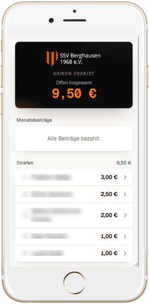 Kassenbuch-Webapp auf dem Smartphone: Übersicht der offenen Beträge pro Spieler mit Status der Monatsbeiträge